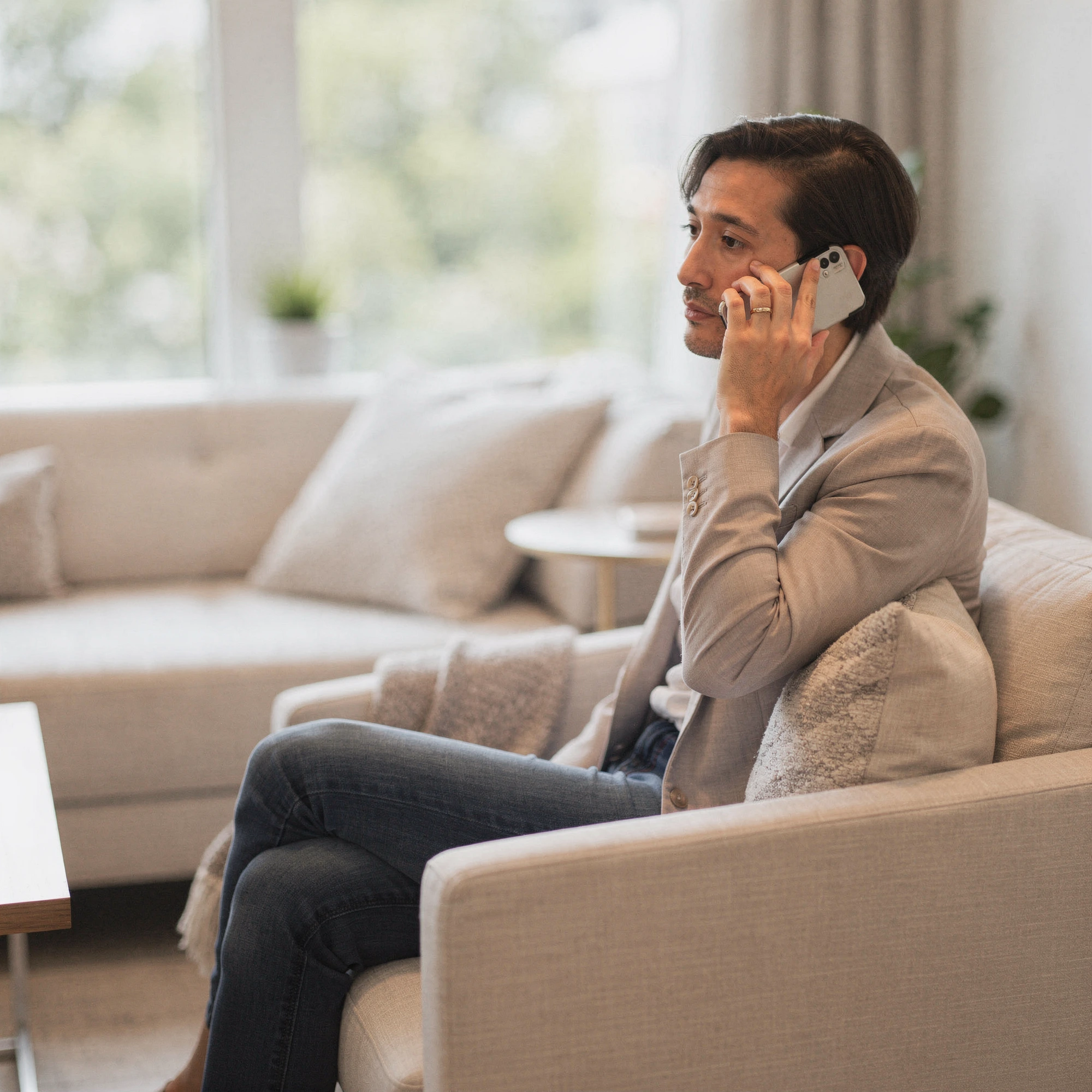 Man sitting on a couch calling Dentcare Now about emergency dental care